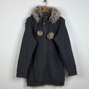 Laundromat Sweater Women XL Gray Wool Lined Hooded Cardigan Jacket Cozy Pom Pom